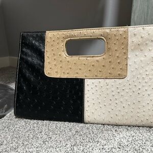 Faux Ostrich Black, Tan, and Cream Handbag